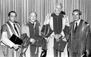 University of Windsor President Mervyn Franklin,Bruce Macdonald,Pierre Berton,and Chancellor Richard Rohmerin Convocation garb