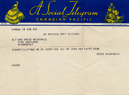 Telegram from Bruce Macdonald to his wife Norma on their  first wedding anniversary