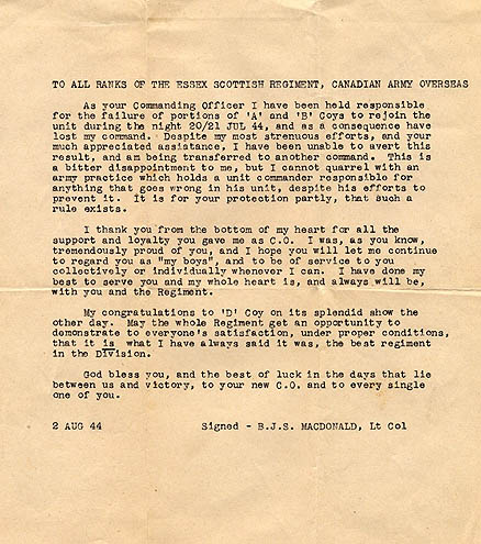 Correspondence from Lt. Col. Bruce Macdonald to all members of the Essex