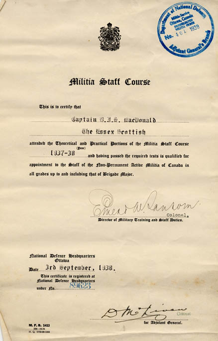 Certificate given to Captain B. J. S. Macdonald