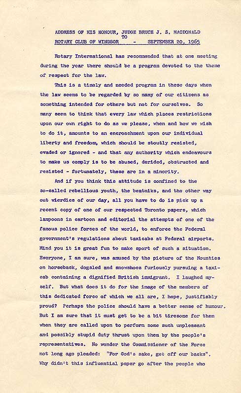 Text of an address (first page) by Bruce Macdonald to the Rotary Club of Windsor