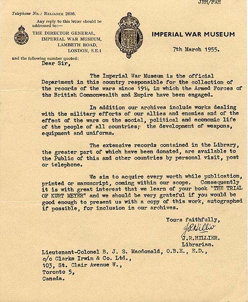 Correspondence from the Imperial War Museum