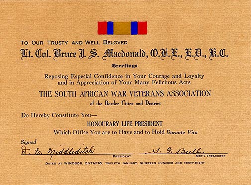 Certificate from the Border Cities' South African War Veterans Association