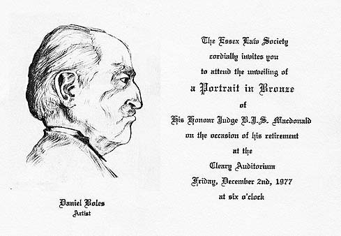 Invitation from the Essex Law Society to the unveiling of a bronze portrait of Bruce Macdonald