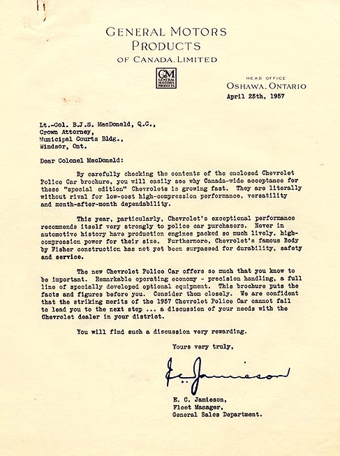Correspondence from E. C. Jamieson of General Motors of Canada Ltd.