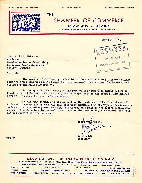 Correspondence from the Leamington Chamber of Commerce to Bruce Macdonald