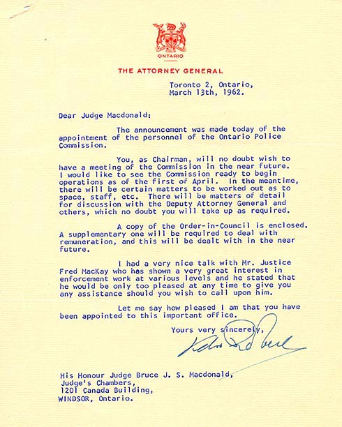 Correspondence from Attorney General Kelso Roberts congratulating Bruce Macdonald