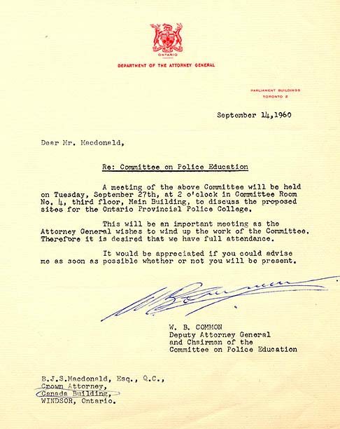 Correspondence from W. B. Common, Deputy Attorney General to Bruce Macdonald